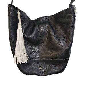 Elliot Luca Leather Bucket Crossbody Handbag Black w White Tassel Pull